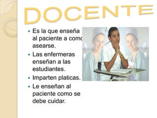  Es la que enseña
al paciente a como
asearse.
 Las enfermeras
enseñan a las
estudiantes.
 Imparten platicas.
 Le enseñan al
paciente como se
debe cuidar.
 