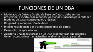 FUNCIONES DE UN DBA
• Modelado de Datos y Diseño de Base de Datos , debe ser un
profesional experto en la recopilación y análisis usuario para obtener
modelos de datos conceptuales y lógicos.
• Resguardo y recuperación de datos.
• Inteligencia de negocios y almacenamiento de datos.
• Desarrollo de aplicaciones.
• Auditoria Una de las tareas de un DBA es identificar qué usuarios
tienen acceso a insertar, actualizar o eliminar datos, y cuándo.
 