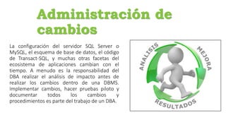 Administración de
cambios
La configuración del servidor SQL Server o
MySQL, el esquema de base de datos, el código
de Transact-SQL, y muchas otras facetas del
ecosistema de aplicaciones cambian con el
tiempo. A menudo es la responsabilidad del
DBA realizar el análisis de impacto antes de
realizar los cambios dentro de una DBMS.
Implementar cambios, hacer pruebas piloto y
documentar todos los cambios y
procedimientos es parte del trabajo de un DBA.
 