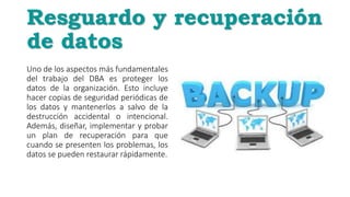 Resguardo y recuperación
de datos
Uno de los aspectos más fundamentales
del trabajo del DBA es proteger los
datos de la organización. Esto incluye
hacer copias de seguridad periódicas de
los datos y mantenerlos a salvo de la
destrucción accidental o intencional.
Además, diseñar, implementar y probar
un plan de recuperación para que
cuando se presenten los problemas, los
datos se pueden restaurar rápidamente.
 