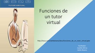 Funciones de
un tutor
virtual
Facilitador:
Castillo Mirna
Zahik Álvarez
http://issuu.com/zahikalvarez/docs/funciones_de_un_tutor_virtual.pptx
 