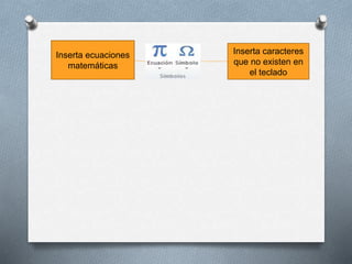 Inserta ecuaciones
matemáticas
Inserta caracteres
que no existen en
el teclado
 