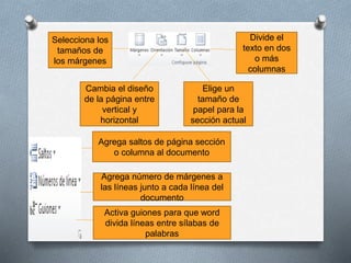 Selecciona los
tamaños de
los márgenes
Divide el
texto en dos
o más
columnas
Cambia el diseño
de la página entre
vertical y
horizontal
Elige un
tamaño de
papel para la
sección actual
Agrega saltos de página sección
o columna al documento
Agrega número de márgenes a
las líneas junto a cada línea del
documento
Activa guiones para que word
divida líneas entre sílabas de
palabras
 