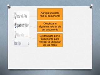 Agrega una nota
final al documento
Desplaza la
siguiente nota al pie
del documento
Se desplaza por el
documento para
mostrar la ubicación
de las notas
 