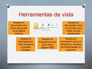 Herramientas de vista
Muestra el
documento tal y
cómo aparecerá
en la página
impresa
Muestra el
documento como
un borrador para
editar el texto
rápidamente
Muestra el
documento como un
esquema y muestra
las herramientas de
esquema
Muestra el
documento como
sería como
página WEB
Muestra el
documento en
vista de lectura
a pantalla
completa
 