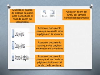 Aplica un zoom del
100% del tamaño
normal del documento
Muestra el cuadro
de diálogo de zoom
para especificar el
nivel de zoom del
documento
Acerca el documento
para que se ajuste toda
la página en la ventana
Acerca el documento
para que dos páginas
se ajusten en la ventana
Acerca el documento
para que el ancho de la
página coincida con el
ancho de la ventana
 
