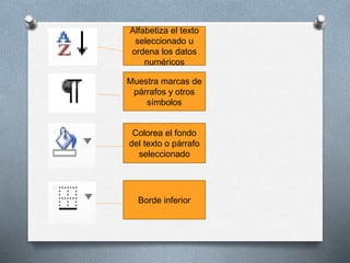 Alfabetiza el texto
seleccionado u
ordena los datos
numéricos
Muestra marcas de
párrafos y otros
símbolos
Colorea el fondo
del texto o párrafo
seleccionado
Borde inferior
 