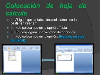 Colocación de hoja de
calculo
 1.- Al igual que la tabla, nos colocamos en la
pestaña “insertar”.
 2.- Nos colocamos en la opción: Tabla.
 3.- Se desplegara una ventana de opciones.
 4.- Nos colocamos en la opción: (Hoja de calculo
de Excel) .
 