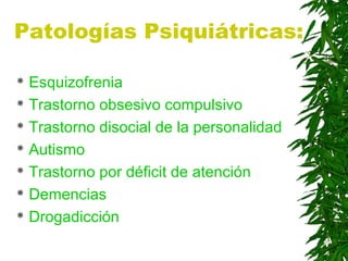 Patologías Psiquiátricas:
 Esquizofrenia
 Trastorno obsesivo compulsivo
 Trastorno disocial de la personalidad
 Autismo
 Trastorno por déficit de atención
 Demencias
 Drogadicción
 