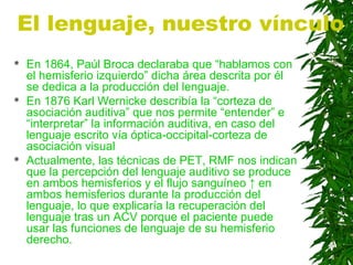 El lenguaje, nuestro vínculo
 En 1864, Paúl Broca declaraba que “hablamos con
el hemisferio izquierdo” dicha área descrita por él
se dedica a la producción del lenguaje.
 En 1876 Karl Wernicke describía la “corteza de
asociación auditiva” que nos permite “entender” e
“interpretar” la información auditiva, en caso del
lenguaje escrito vía óptica-occipital-corteza de
asociación visual
 Actualmente, las técnicas de PET, RMF nos indican
que la percepción del lenguaje auditivo se produce
en ambos hemisferios y el flujo sanguíneo ↑ en
ambos hemisferios durante la producción del
lenguaje, lo que explicaría la recuperación del
lenguaje tras un ACV porque el paciente puede
usar las funciones de lenguaje de su hemisferio
derecho.
 