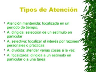 Tipos de Atención
 Atención mantenida: focalizada en un
período de tiempo.
 A. dirigida: selección de un estímulo en
particular
 A. selectiva: focalizar el interés por razones
personales o prácticas
 A. dividida: atender varias cosas a la vez
 A. focalizada: dirigida a un estímulo en
particular o a una tarea
 