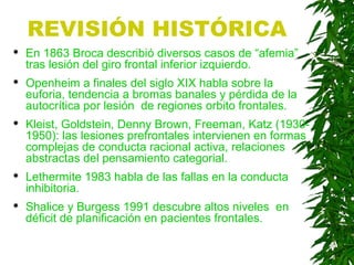 REVISIÓN HISTÓRICA
 En 1863 Broca describió diversos casos de “afemia”
tras lesión del giro frontal inferior izquierdo.
 Openheim a finales del siglo XIX habla sobre la
euforia, tendencia a bromas banales y pérdida de la
autocrítica por lesión de regiones orbito frontales.
 Kleist, Goldstein, Denny Brown, Freeman, Katz (1930-
1950): las lesiones prefrontales intervienen en formas
complejas de conducta racional activa, relaciones
abstractas del pensamiento categorial.
 Lethermite 1983 habla de las fallas en la conducta
inhibitoria.
 Shalice y Burgess 1991 descubre altos niveles en
déficit de planificación en pacientes frontales.
 