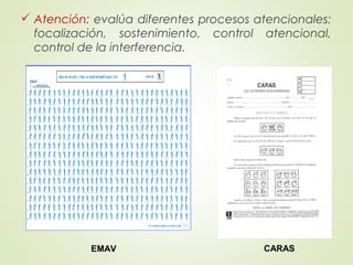  Atención: evalúa diferentes procesos atencionales:
focalización, sostenimiento, control atencional,
control de la interferencia.
EMAV CARAS
 