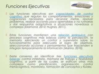 Funciones Ejecutivas
 Las funciones ejecutivas son capacidades de control
cognitivo que regulan los comportamientos, emociones y
cogniciones necesarios para alcanzar metas, resolver
problemas, realizar acciones poco aprendidas o no rutinarias
y dar respuestas adaptativas a situaciones novedosas o
complejas (Diamond, 2013; Hughes, 2011).
 Estas funciones mantienen una relación jerárquica con
procesos cognitivos más básicos como la percepción, la
memoria, ejerciendo un control y supervisión sobre su
funcionamiento para adecuarlo al logro de objetivos,
seleccionando acciones y pensamientos que trascienden e
integran temporalmente la información (Marino, 2010).
 Existe consenso en identificar tres funciones ejecutivas
básicas: control inhibitorio, memoria de trabajo y flexibilidad
cognitiva, a partir de las cuales, se edifican otras más
complejas como planificación, organización, control
metacognitivo, monitoreo, formación de conceptos y fluidez.
 