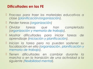 Dificultades en las FE
 Fracaso para traer los materiales educativos a
clase (planificación/organización).
 Perder tareas (organización)
 Olvidar tareas que han completado
(organización y memoria de trabajo).
 Mostrar dificultades para iniciar tareas de
aprendizaje (iniciación y planificación).
 Inician la tarea pero no pueden sostener su
focalización en ella (organización, planificación y
memoria de trabajo).
 Tienen dificultades en cambiar durante la
marcha o en la transición de una actividad a la
siguiente (flexibilidad mental).
 