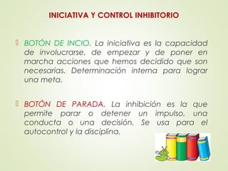 INICIATIVA Y CONTROL INHIBITORIO
 BOTÓN DE INCIO. La iniciativa es la capacidad
de involucrarse, de empezar y de poner en
marcha acciones que hemos decidido que son
necesarias. Determinación interna para lograr
una meta.
 BOTÓN DE PARADA. La inhibición es la que
permite parar o detener un impulso, una
conducta o una decisión. Se usa para el
autocontrol y la disciplina.
 