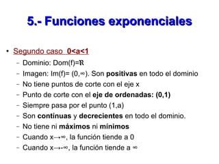 5.- Funciones exponenciales <ul><li>Segundo caso  0<a<1 </li></ul><ul><ul><li>Dominio: Dom(f)= R </li></ul></ul><ul><ul><l...
