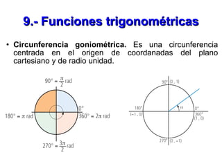 9.- Funciones trigonométricas <ul><li>Circunferencia goniométrica.  Es una circunferencia centrada en el origen de coordan...
