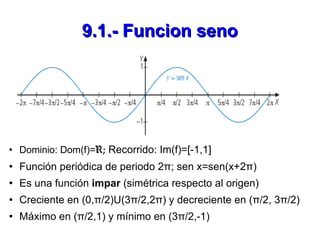 9.1.- Funcion seno <ul><li>Dominio: Dom(f)= R;  Recorrido: Im(f)=[-1,1] </li></ul><ul><li>Función periódica de periodo 2π;...