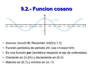 9.2.- Funcion coseno <ul><li>Dominio: Dom(f)= R;  Recorrido: Im(f)=[-1,1] </li></ul><ul><li>Función periódica de periodo 2...