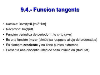 9.4.- Funcion tangente <ul><li>Dominio: Dom(f)= R -{π/2+kπ}   </li></ul><ul><li>Recorrido: Im(f)= R </li></ul><ul><li>Func...