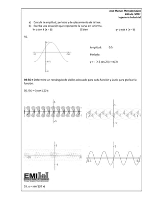 José Manuel Mercado Egüez
                                                                                      Cálculo I 2011
                                                                                Ingeniería Industrial
      a) Calcule la amplitud, periodo y desplazamiento de la fase.
      b) Escriba una ecuación que represente la curva en la forma.
         Y= a sen k (x – b)                     O bien                         y= a cos k (x – b)

45.


                                                       Amplitud:        0.5

                                                       Período:

                                                       y = - (½ ) cos 2 (x + π/3)




49-56 • Determine un rectángulo de visión adecuado para cada función y úselo para graficar la
función.

50. f(x) = 3 sen 120 x




55. y = sen2 (20 x)
 