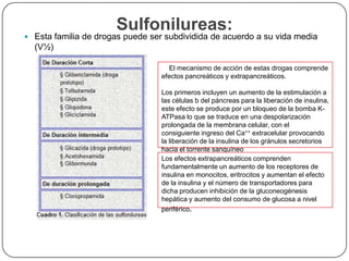 Sulfonilureas:
 Esta familia de drogas puede ser subdividida de acuerdo a su vida media
  (V½)

                                    El mecanismo de acción de estas drogas comprende
                                  efectos pancreáticos y extrapancreáticos.

                                  Los primeros incluyen un aumento de la estimulación a
                                  las células b del páncreas para la liberación de insulina,
                                  este efecto se produce por un bloqueo de la bomba K-
                                  ATPasa lo que se traduce en una despolarización
                                  prolongada de la membrana celular, con el
                                  consiguiente ingreso del Ca++ extracelular provocando
                                  la liberación de la insulina de los gránulos secretorios
                                  hacia el torrente sanguíneo
                                  Los efectos extrapancreáticos comprenden
                                  fundamentalmente un aumento de los receptores de
                                  insulina en monocitos, eritrocitos y aumentan el efecto
                                  de la insulina y el número de transportadores para
                                  dicha producen inhibición de la gluconeogénesis
                                  hepática y aumento del consumo de glucosa a nivel
                                  periférico.
 