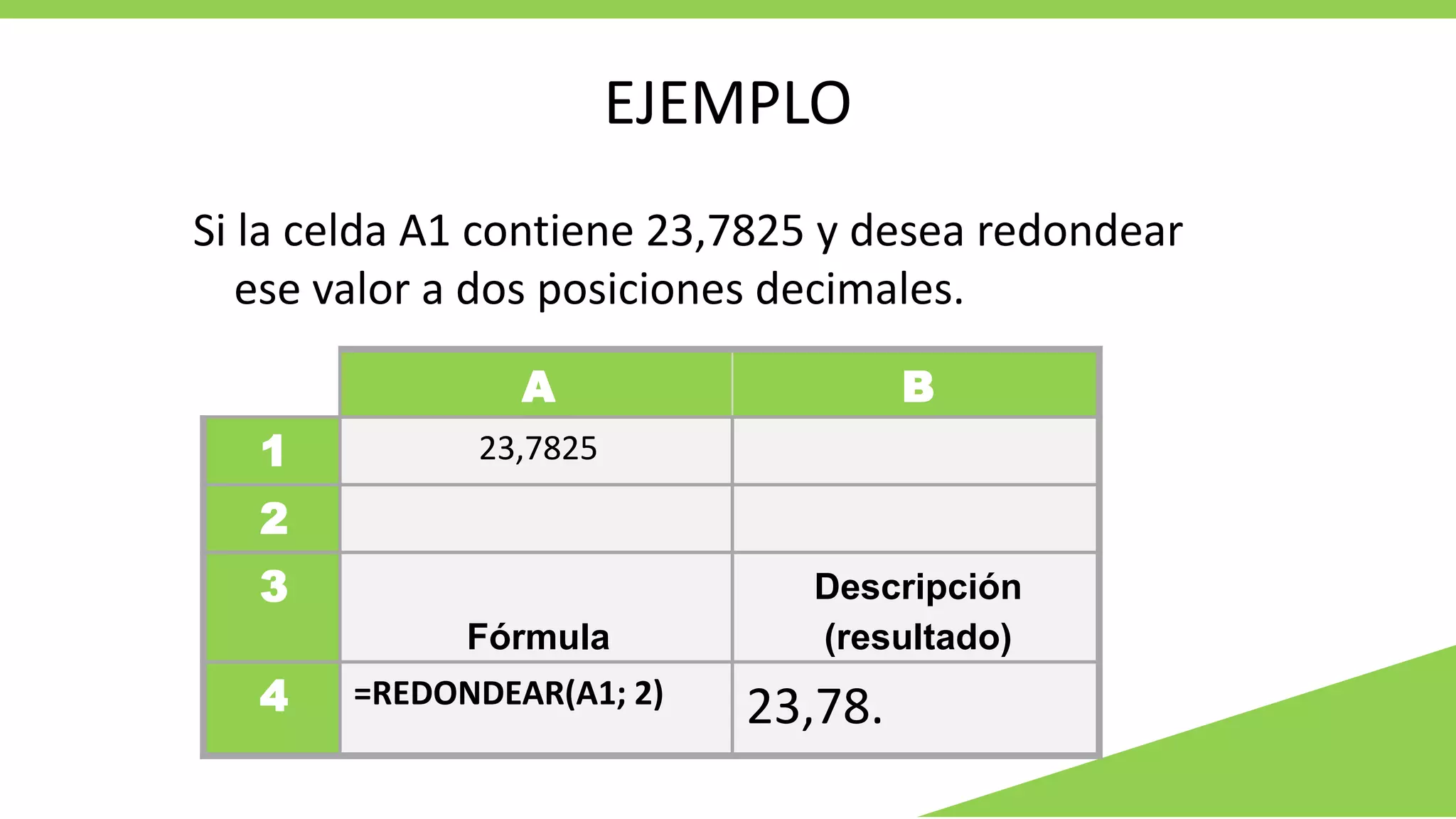 EJEMPLO
Si la celda A1 contiene 23,7825 y desea redondear
ese valor a dos posiciones decimales.
A B
1 23,7825
2
3
Fórmula
Descripción
(resultado)
4 =REDONDEAR(A1; 2)
23,78.
 