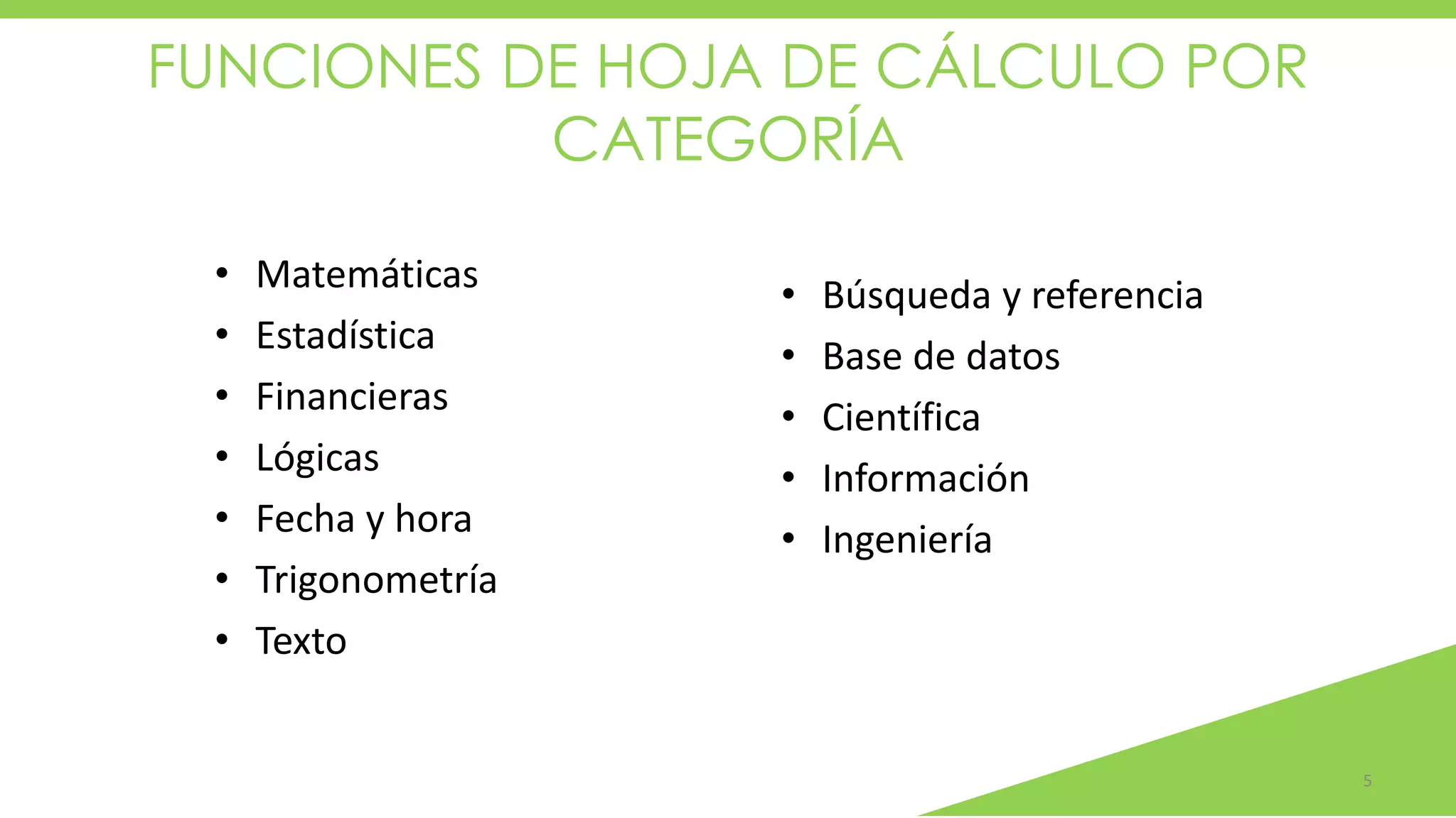 FUNCIONES DE HOJA DE CÁLCULO POR
CATEGORÍA
5
• Matemáticas
• Estadística
• Financieras
• Lógicas
• Fecha y hora
• Trigonometría
• Texto
• Búsqueda y referencia
• Base de datos
• Científica
• Información
• Ingeniería
 