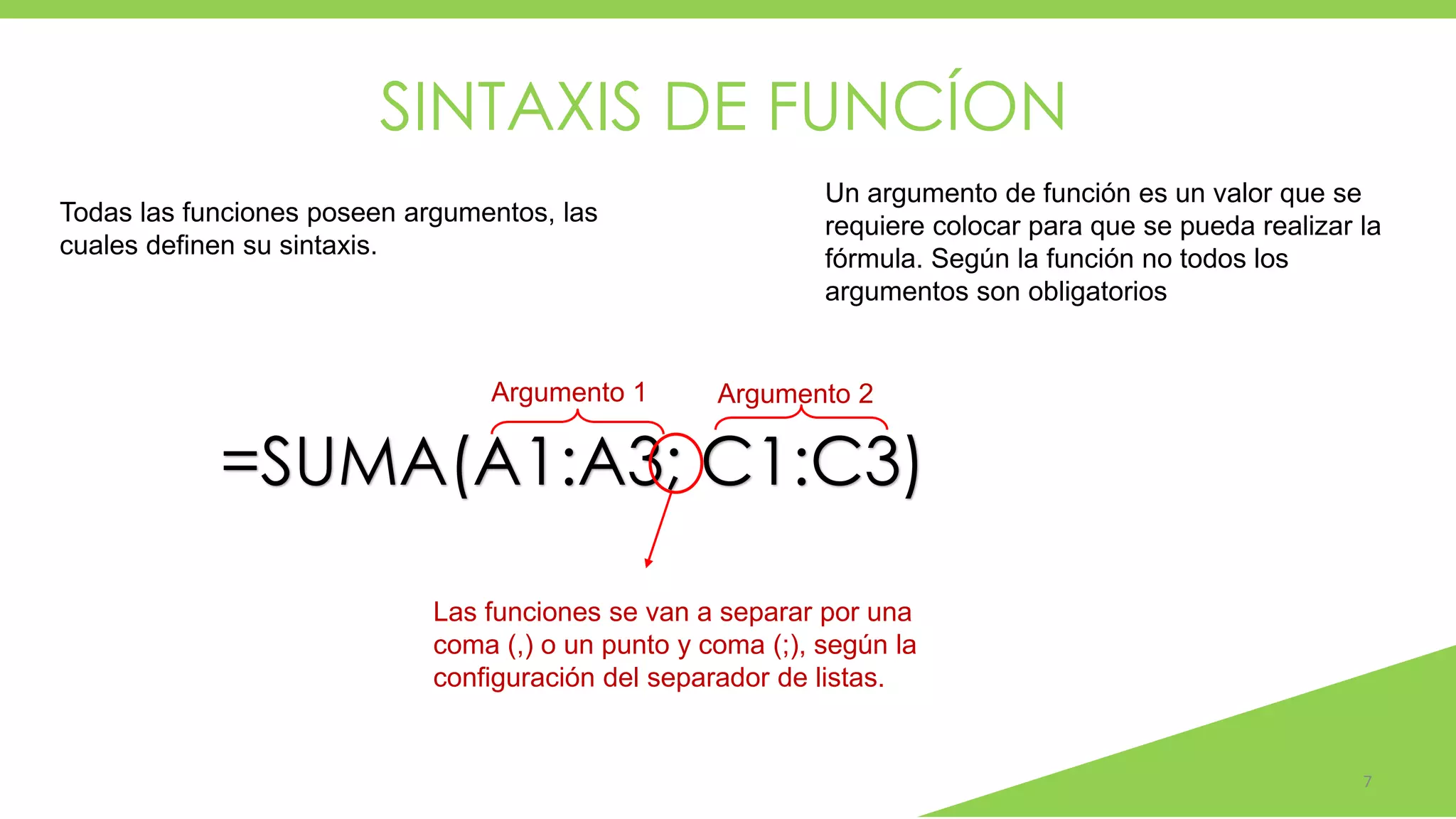 SINTAXIS DE FUNCÍON
7
=SUMA(A1:A3; C1:C3)
Las funciones se van a separar por una
coma (,) o un punto y coma (;), según la
configuración del separador de listas.
Todas las funciones poseen argumentos, las
cuales definen su sintaxis.
Un argumento de función es un valor que se
requiere colocar para que se pueda realizar la
fórmula. Según la función no todos los
argumentos son obligatorios
Argumento 1 Argumento 2
 