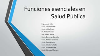 Funciones esenciales en
Salud Pública
Ing. Anyelo Solis
Licda. Darys Hooker
Licda. Hilda Gracia
Dr. William Corella
Dra. Julieth Barría
Licdo. Domingo González
Licda. Pastora Quintero
Licda. Tatiana Ortiz
Licda. Julieth Hurtado
Licda. Suzeth Rojas F.
Licda. Maruquel Camero
 