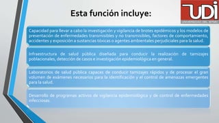 Esta función incluye:
Capacidad para llevar a cabo la investigación y vigilancia de brotes epidémicos y los modelos de
presentación de enfermedades transmisibles y no transmisibles, factores de comportamiento,
accidentes y exposición a sustancias tóxicas o agentes ambientales perjudiciales para la salud.
Infraestructura de salud pública diseñada para conducir la realización de tamizajes
poblacionales, detección de casos e investigación epidemiológica en general.
Laboratorios de salud pública capaces de conducir tamizajes rápidos y de procesar el gran
volumen de exámenes necesarios para la identificación y el control de amenazas emergentes
para la salud.
Desarrollo de programas activos de vigilancia epidemiológica y de control de enfermedades
infecciosas.
 