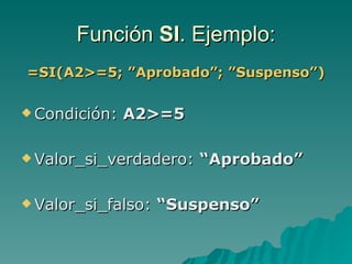 Función  SI . Ejemplo: =SI(A2>=5; ”Aprobado”; ”Suspenso”) Condición:  A2>=5 Valor_si_verdadero:  “Aprobado” Valor_si_falso:  “Suspenso” 