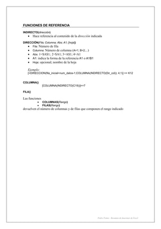Pedro Femia - Resumen de funciones de Excel
FUNCIONES DE REFERENCIA
INDIRECTO(dirección)
• Hace referencia al contenido de la dirección indicada
DIRECCIÓN(Fila; Columna; Abs; A1; [hoja])
• Fila: Número de fila
• Columna: Número de columna (A=1; B=2;...)
• Abs: 1=$A$1; 2=$A1; 3=A$1; 4=A1
• A1: indica la forma de la referencia A1 o A1B1
• Hoja: opcional; nombre de la hoja
Ejemplo:
[=DIRECCION(fila_inicial+num_datos-1;COLUMNA(INDIRECTO(Dir_col)); 4;1)] == K12
COLUMNA()
[COLUMNA(INDIRECTO(C19))]==7
FILA()
Las funciones
• COLUMNAS(Rango)
• FILAS(Rango)
devuelven el número de columnas y de filas que componen el rango indicado
 