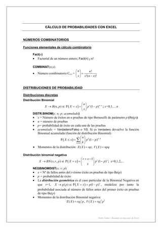 Pedro Femia - Resumen de funciones de Excel
CÁLCULO DE PROBABILIDADES CON EXCEL
NÚMEROS COMBINATORIOS
Funciones elementales de cálculo combinatorio
Fact(n)
• Factorial de un número entero; Fact(n) n!
COMBINAT(n;x)
• Número combinatorio Cn,x =
!
!( )!
n n
x x n x
⎛ ⎞
=⎜ ⎟
−⎝ ⎠
DISTRIBUCIONES DE PROBABILIDAD
Distribuciones discretas
Distribución Binomial
( )( , ) si P (1 )x n xn
X B n p X x p p
x
−⎛ ⎞
→ = = −⎜ ⎟
⎝ ⎠
; x=0,1,...,n
DISTR.BINOM(x; n; p; acumulado)
• x = Número de éxitos en n pruebas de tipo Bernouilli de parámetro p (Be(p))
• n = número de pruebas
• p= probabilidad de éxito en cada una de las pruebas
• acumulado = Verdadero/Falso o 1/0. Si es Verdadero devuelve la función
Binomial acumulada (función de distribución Binomial)
( )
0
P (1 )
x
k n k
k
n
X x p p
k
−
=
⎛ ⎞
≤ = −⎜ ⎟
⎝ ⎠
∑
• Momentos de la distribución: ( ) , ( )E X np V X npq= =
Distribución binomial negativa
( )
1
( , , ) si P (1 )r xr x
X BN x r p X x p p
x
+ −⎛ ⎞
→ = = −⎜ ⎟
⎝ ⎠
; x=0,1,2,...
NEGBINOMDIST(x; r; p)
• x = Nº de fallos antes del r-ésimo éxito en pruebas de tipo Be(p)
• p = probabilidad de éxito
• La distribución geométrica es el caso particular de la Binomial Negativa en
que r=1, ( )( ) si P (1 )x
X g p X x p p→ = = − , modeliza por tanto la
probabilidad asociada al número de fallos antes del primer éxito en pruebas
de tipo Be(p)
• Momentos de la distribución Binomial negativa:
2
( ) , ( )E X rq p V X rq p= =
 