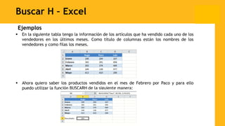 Buscar H – Excel
Ejemplos
 En la siguiente tabla tengo la información de los artículos que ha vendido cada uno de los
vendedores en los últimos meses. Como título de columnas están los nombres de los
vendedores y como filas los meses.
 Ahora quiero saber los productos vendidos en el mes de Febrero por Paco y para ello
puedo utilizar la función BUSCARH de la siguiente manera:
 