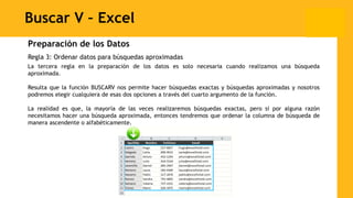 Buscar V – Excel
Preparación de los Datos
Regla 3: Ordenar datos para búsquedas aproximadas
La tercera regla en la preparación de los datos es solo necesaria cuando realizamos una búsqueda
aproximada.
Resulta que la función BUSCARV nos permite hacer búsquedas exactas y búsquedas aproximadas y nosotros
podremos elegir cualquiera de esas dos opciones a través del cuarto argumento de la función.
La realidad es que, la mayoría de las veces realizaremos búsquedas exactas, pero si por alguna razón
necesitamos hacer una búsqueda aproximada, entonces tendremos que ordenar la columna de búsqueda de
manera ascendente o alfabéticamente.
 