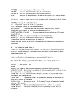 COINCIDIR
COLUMNA
COLUMNAS
DESREF

Busca valores de una referencia o matriz
Devuelve el número de columna de una referencia
Devuelve el número de columnas de una referencia
Devuelve un desplazamiento de referencia respecto a una referencia dada

DIRECCION

Devuelve una referencia como texto a una sola celda de una hoja de cálculo

ELEGIR Elige un valor de una lista de valores
FILA Devuelve el número de fila de una referencia
FILAS Devuelve el número de filas de una referencia
HIPERVINCULO
Crea un acceso directo o un salto que abre un documento
almacenado en un servidor de red, en una intranet o en Internet
IMPORTARDATOSDINAMICOS
Devuelve los datos almacenados en un informe de
tabla dinámica
INDICE Usa un índice para elegir un valor de una referencia o matriz
INDIRECTO Devuelve una referencia indicada por un valor de texto
TRANSPONER Devuelve la transposición de una matriz
Puedes practicar algunas de estas funciones explicadas en el Ejercicios sobre funciones
que buscan.

6.7. Funciones financieras
Excel es una de las herramientas más potentes para trabajar con información y cálculos
financieros, ofrece una amplia gama de funciones prediseñadas para crearte tu propia
"caja de ahorros en casa".
Todas estas funciones están agrupadas en la categoría de Financieras.
Vamos a estudiar la amplia gama de funciones financieras que nos ofrece Excel:
Función
Descripción Ver
detalle
AMORTIZ.LIN Devuelve la amortización de cada uno de los períodos contables
AMORTIZ.PROGRE Devuelve la amortización de cada período contable mediante el uso
de un coeficiente de amortización
CUPON.DIAS Devuelve el número de días del período (entre dos cupones) donde se
encuentra la fecha de liquidación
CUPON.DIAS.L1
Devuelve el número de días desde el principio del período de un
cupón hasta la fecha de liquidación
CUPON.DIAS.L2
Devuelve el número de días desde la fecha de liquidación hasta la
fecha del próximo cupón
CUPON.FECHA.L1
Devuelve la fecha de cupón anterior a la fecha de liquidación
CUPON.FECHA.L2
Devuelve la fecha del próximo cupón después de la fecha de
liquidación

 