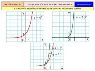 4. La función exponencial de base e y de base 10, y exponente positivo
MATEMÁTICAS 4 ESO TEMA 15. FUNCIÓN EXPONENCIAL Y LOGARÍTMICA Javier Fernández
 