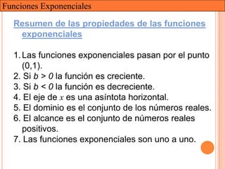 Funciones Exponenciales

  Resumen de las propiedades de las funciones
   exponenciales

  1. Las funciones exponenciales pasan por el punto
     (0,1).
  2. Si b > 0 la función es creciente.
  3. Si b < 0 la función es decreciente.
  4. El eje de x es una asíntota horizontal.
  5. El dominio es el conjunto de los números reales.
  6. El alcance es el conjunto de números reales
     positivos.
  7. Las funciones exponenciales son uno a uno.
 
