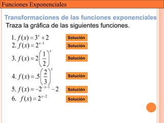 Funciones Exponenciales

Transformaciones de las funciones exponenciales
Traza la gráfica de las siguientes funciones.
   1. f ( x) 3x 2            Solución
               x 1
   2. f ( x) 2               Solución
                      x
                 1
   3. f ( x) 2               Solución
                 2
                       x
                  2
   4. f ( x) .5              Solución
                  3
                   x 1
   5. f ( x) 2           2   Solución

   6. f ( x) 2 x 2           Solución
 