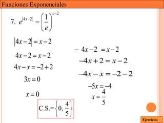 Funciones Exponenciales
                       x 2
          4x 2    1
   7. e
                  e
    4x 2         x 2
                              4x 2 x 2
    4x 2 x 2
                               4x 2 x 2
    4x x 2 2
                              4x   x   2 2
          3x 0
                               5x 4
           x 0                   4
                               x
                          4      5
                 C.S.= 0,
                          5
                                             Ejercicios
 