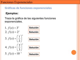 Funciones Exponenciales
  Gráficas de funciones exponenciales

   Ejemplos:
  Traza la gráfica de las siguientes funciones
  exponenciales.

  1. f ( x) 3x        Solución
  2. f ( x) 2 x       Solución
                  x
              1
   3. f ( x)           Solución
              2
                  x
              2
   4. f ( x)           Solución
              3
   5. f ( x) 10 x      Solución
 
