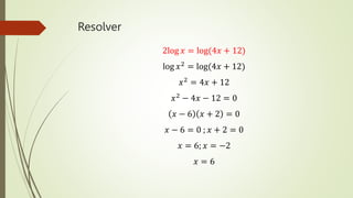 Resolver
2log 𝑥 = log(4𝑥 + 12)
log 𝑥2 = log(4𝑥 + 12)
𝑥2 = 4𝑥 + 12
𝑥2 − 4𝑥 − 12 = 0
𝑥 − 6 𝑥 + 2 = 0
𝑥 − 6 = 0 ; 𝑥 + 2 = 0
𝑥 = 6; 𝑥 = −2
𝑥 = 6
 