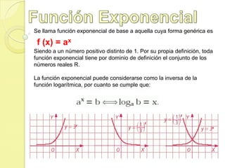 Se llama función exponencial de base a aquella cuya forma genérica es

 f (x) = ax
Siendo a un número positivo distinto de 1. Por su propia definición, toda
función exponencial tiene por dominio de definición el conjunto de los
números reales R.

La función exponencial puede considerarse como la inversa de la
función logarítmica, por cuanto se cumple que:
 