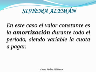 SISTEMA ALEMÁNEn este caso el valor constante es la amortización durante todo el período, siendo variable la cuota a pagar.