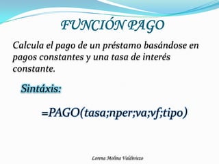 FUNCIÓN PAGOCalcula el pago de un préstamo basándose en pagos constantes y una tasa de interés constante.Sintáxis:=PAGO(tasa;nper;va;vf;tipo)