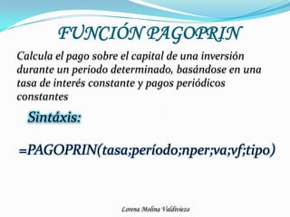 FUNCIÓN PAGOPRINCalcula el pago sobre el capital de una inversión durante un periodo determinado, basándose en una tasa de interés constante y pagos periódicos constantesSintáxis:=PAGOPRIN(tasa;período;nper;va;vf;tipo)