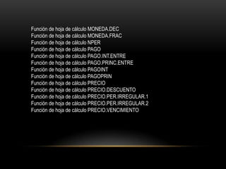 Función de hoja de cálculo MONEDA.DEC
Función de hoja de cálculo MONEDA.FRAC
Función de hoja de cálculo NPER
Función de hoja de cálculo PAGO
Función de hoja de cálculo PAGO.INT.ENTRE
Función de hoja de cálculo PAGO.PRINC.ENTRE
Función de hoja de cálculo PAGOINT
Función de hoja de cálculo PAGOPRIN
Función de hoja de cálculo PRECIO
Función de hoja de cálculo PRECIO.DESCUENTO
Función de hoja de cálculo PRECIO.PER.IRREGULAR.1
Función de hoja de cálculo PRECIO.PER.IRREGULAR.2
Función de hoja de cálculo PRECIO.VENCIMIENTO
 