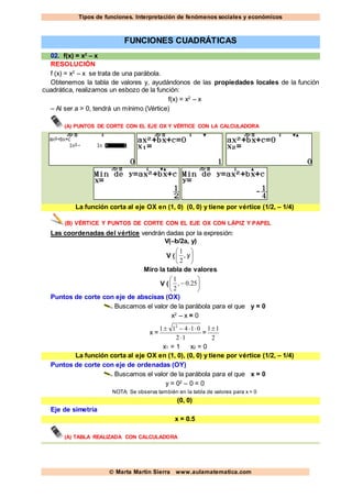 Tipos de funciones. Interpretación de fenómenos sociales y económicos
 Marta Martín Sierra www.aulamatematica.com
FUNCIONES CUADRÁTICAS
02. f(x) = x2
– x
RESOLUCIÓN
f (x) = x2
– x se trata de una parábola.
Obtenemos la tabla de valores y, ayudándonos de las propiedades locales de la función
cuadrática, realizamos un esbozo de la función:
f(x) = x2
– x
– Al ser a > 0, tendrá un mínimo (Vértice)
(A) PUNTOS DE CORTE CON EL EJE OX Y VÉRTICE CON LA CALCULADORA
La función corta al eje OX en (1, 0) (0, 0) y tiene por vértice (1/2, – 1/4)
(B) VÉRTICE Y PUNTOS DE CORTE CON EL EJE OX CON LÁPIZ Y PAPEL
Las coordenadas del vértice vendrán dadas por la expresión:
V(–b/2a, y)
V ( 





y,
2
1
Miro la tabla de valores
V ( 





 250
2
1
.,
Puntos de corte con eje de abscisas (OX)
Buscamos el valor de la parábola para el que y = 0
x2
– x = 0
x =
12
01411 2


=
2
11
x1 = 1 x2 = 0
La función corta al eje OX en (1, 0), (0, 0) y tiene por vértice (1/2, – 1/4)
Puntos de corte con eje de ordenadas (OY)
Buscamos el valor de la parábola para el que x = 0
y = 02
– 0 = 0
NOTA: Se observa también en la tabla de valores para x = 0
(0, 0)
Eje de simetría
x = 0.5
(A) TABLA REALIZADA CON CALCULADORA
 